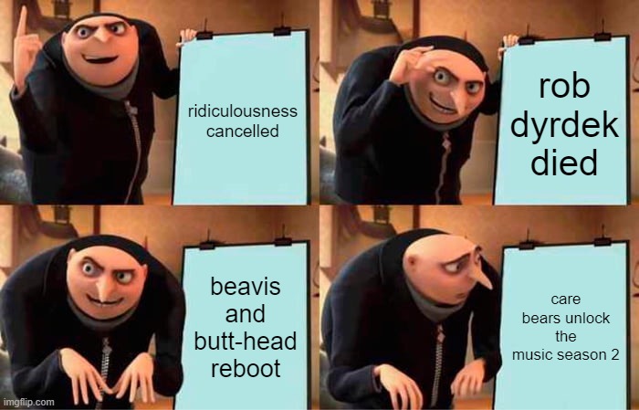 My plans for this year | ridiculousness cancelled; rob dyrdek died; beavis and butt-head reboot; care bears unlock the music season 2 | image tagged in memes,gru's plan | made w/ Imgflip meme maker