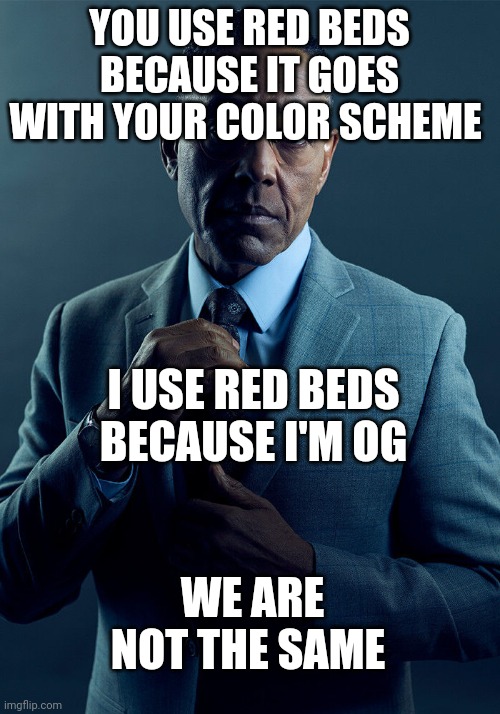 I come from the time before colored beds | YOU USE RED BEDS BECAUSE IT GOES WITH YOUR COLOR SCHEME; I USE RED BEDS BECAUSE I'M OG; WE ARE NOT THE SAME | image tagged in gus fring we are not the same | made w/ Imgflip meme maker