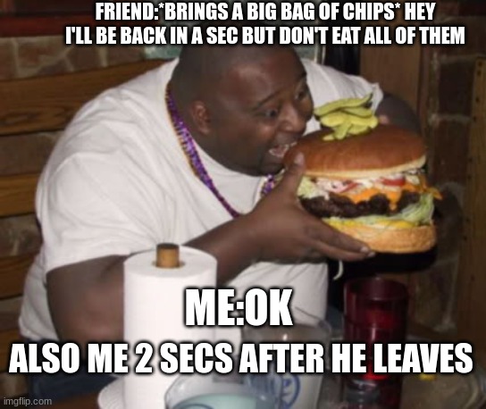 clever and oragnal title | FRIEND:*BRINGS A BIG BAG OF CHIPS* HEY I'LL BE BACK IN A SEC BUT DON'T EAT ALL OF THEM; ME:OK; ALSO ME 2 SECS AFTER HE LEAVES | image tagged in fat guy eating burger | made w/ Imgflip meme maker