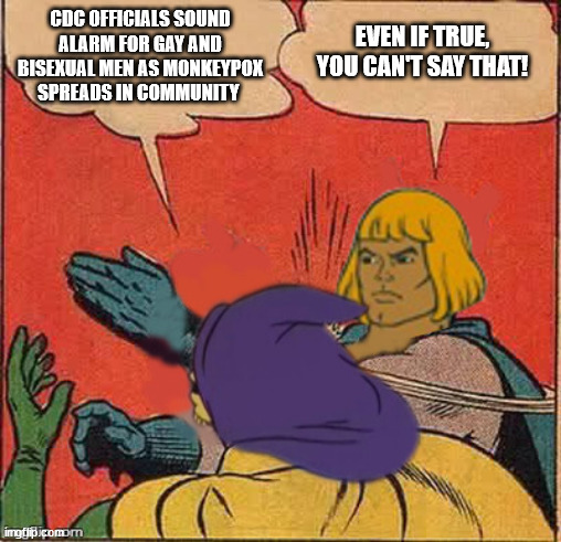 You Can't Say That - Even if True | EVEN IF TRUE, YOU CAN'T SAY THAT! CDC OFFICIALS SOUND ALARM FOR GAY AND BISEXUAL MEN AS MONKEYPOX SPREADS IN COMMUNITY | image tagged in he-man bi ch slaps skeletor | made w/ Imgflip meme maker