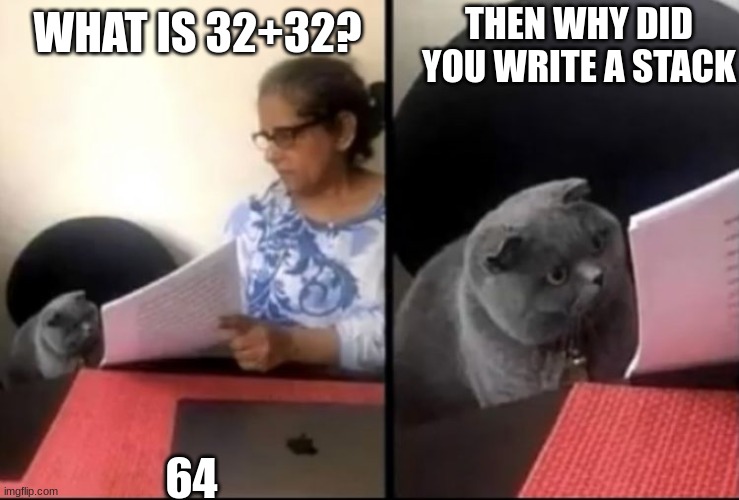 Cat confusing | THEN WHY DID YOU WRITE A STACK; WHAT IS 32+32? 64 | image tagged in cat confusing | made w/ Imgflip meme maker