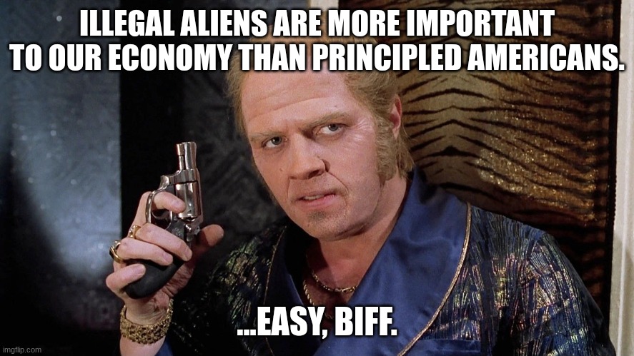 Easy, Biff.. | ILLEGAL ALIENS ARE MORE IMPORTANT TO OUR ECONOMY THAN PRINCIPLED AMERICANS. ...EASY, BIFF. | image tagged in easy biff | made w/ Imgflip meme maker