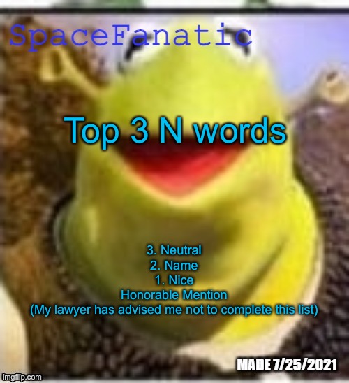 Ye Olde Announcements | Top 3 N words; 3. Neutral
2. Name
1. Nice
Honorable Mention
(My lawyer has advised me not to complete this list) | image tagged in spacefanatic announcement temp | made w/ Imgflip meme maker