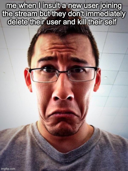 It's heart breaking really | me when I insult a new user joining the stream but they don't immediately delete their user and kill their self | made w/ Imgflip meme maker