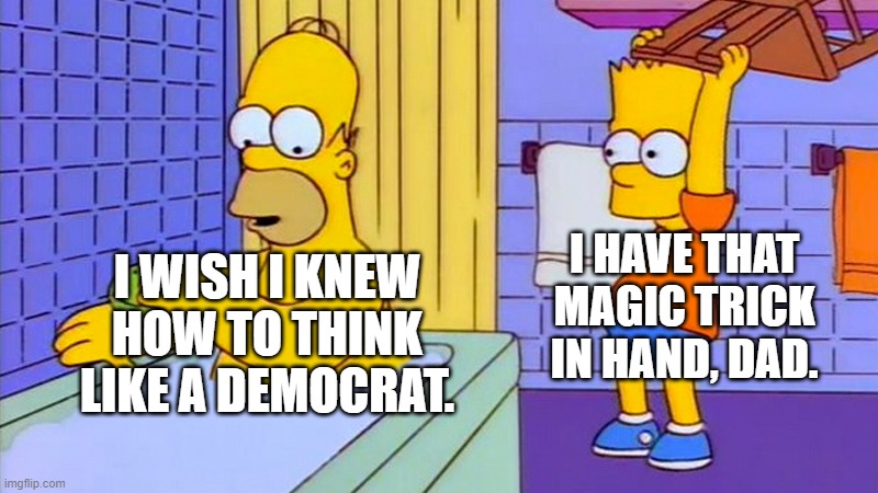 A massive concussion.  Now we know. | I HAVE THAT MAGIC TRICK IN HAND, DAD. I WISH I KNEW HOW TO THINK LIKE A DEMOCRAT. | image tagged in bart hitting homer with a chair | made w/ Imgflip meme maker