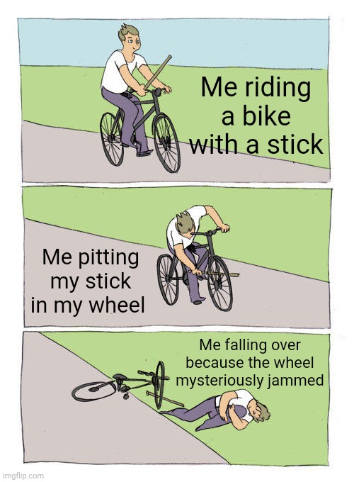 Bike experience | Me riding a bike with a stick; Me pitting my stick in my wheel; Me falling over because the wheel mysteriously jammed | image tagged in memes,bike fall | made w/ Imgflip meme maker