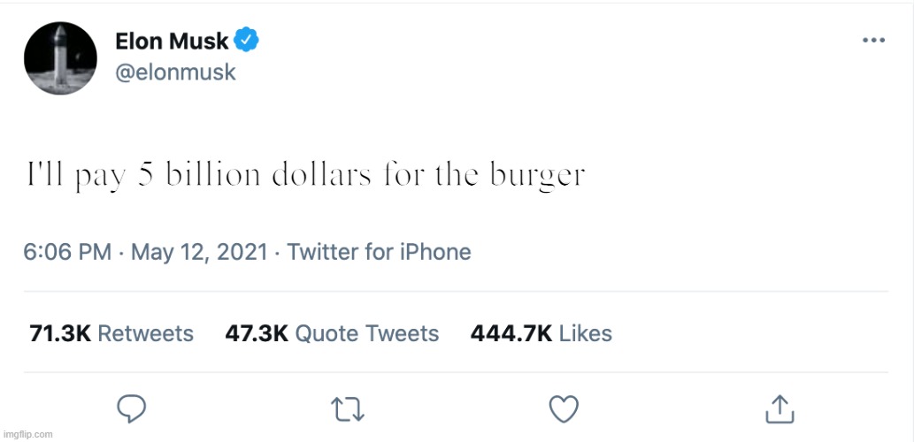 Elon Musk Blank Tweet | I'll pay 5 billion dollars for the burger | image tagged in elon musk blank tweet | made w/ Imgflip meme maker