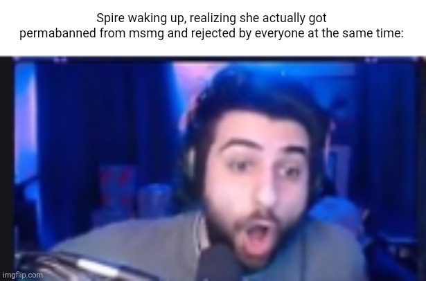 Had to make this with a syphrrpk meme | Spire waking up, realizing she actually got permabanned from msmg and rejected by everyone at the same time: | image tagged in e | made w/ Imgflip meme maker