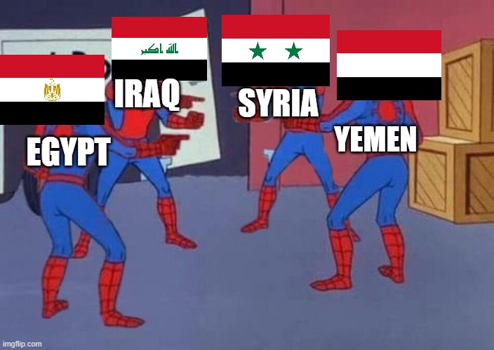 Spider-man Quadruple | YEMEN; SYRIA; IRAQ; EGYPT | image tagged in spider-man quadruple | made w/ Imgflip meme maker