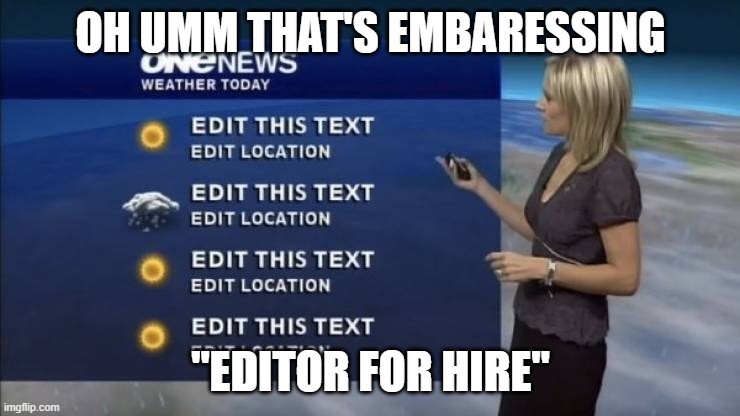Edit this text | OH UMM THAT'S EMBARESSING; "EDITOR FOR HIRE" | image tagged in edit this text | made w/ Imgflip meme maker
