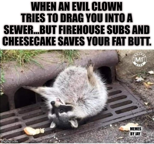 Whew |  WHEN AN EVIL CLOWN TRIES TO DRAG YOU INTO A SEWER...BUT FIREHOUSE SUBS AND CHEESECAKE SAVES YOUR FAT BUTT. MEMES BY JAY | image tagged in fat racoon,clown,safety first | made w/ Imgflip meme maker