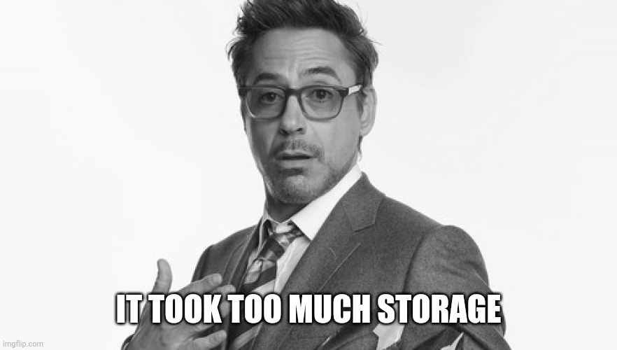 Robert Downey Jr's Comments | IT TOOK TOO MUCH STORAGE | image tagged in robert downey jr's comments | made w/ Imgflip meme maker