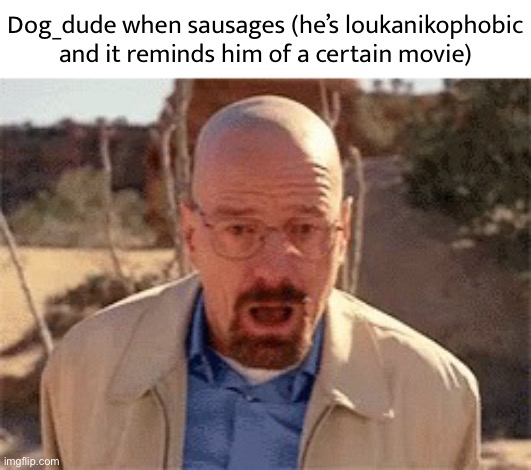 Walter White | Dog_dude when sausages (he’s loukanikophobic and it reminds him of a certain movie) | image tagged in walter white | made w/ Imgflip meme maker