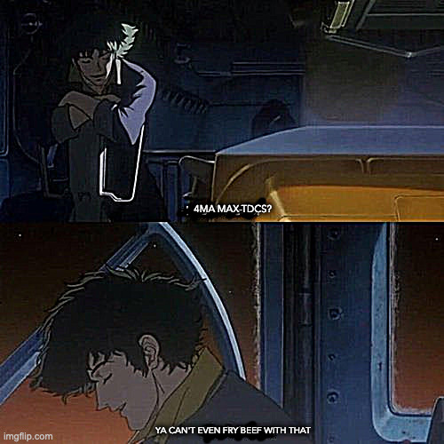 ya can't even fry beef with that | 4MA MAX-TDCS? YA CAN'T EVEN FRY BEEF WITH THAT | image tagged in empty metaphysics of literature,cowboy bebop,feast or famine | made w/ Imgflip meme maker