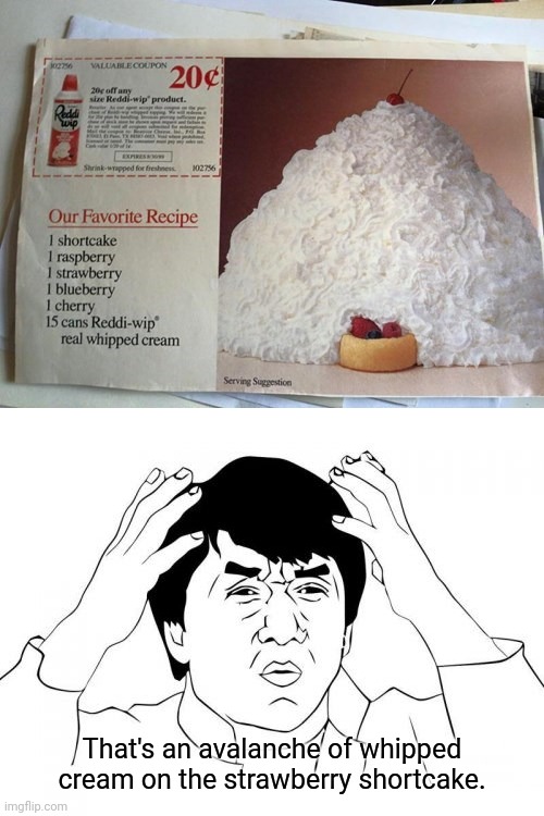The whipped cream avalanche |  That's an avalanche of whipped cream on the strawberry shortcake. | image tagged in memes,jackie chan wtf,reposts,repost,whipped cream,strawberry shortcake | made w/ Imgflip meme maker