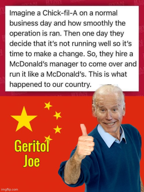 Geritol Joe is a downgrade | Geritol Joe | image tagged in china flag | made w/ Imgflip meme maker