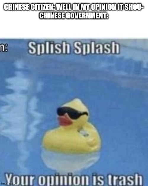 Splish splash |  CHINESE CITIZEN: WELL IN MY OPINION IT SHOU-
CHINESE GOVERNMENT: | image tagged in memes,chinese,funny,splish splash your opinion is trash | made w/ Imgflip meme maker