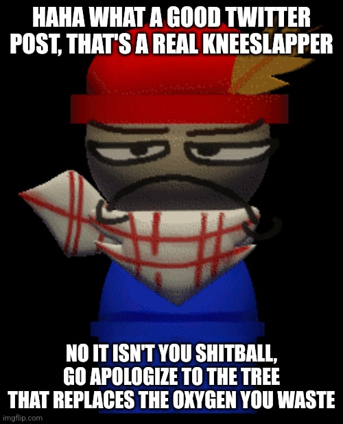 Bambom is not impressed | HAHA WHAT A GOOD TWITTER POST, THAT'S A REAL KNEESLAPPER NO IT ISN'T YOU SHITBALL, GO APOLOGIZE TO THE TREE THAT REPLACES THE OXYGEN YOU WAS | image tagged in bambom is not impressed | made w/ Imgflip meme maker