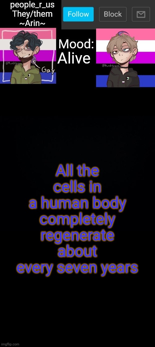 people _r_us announcement template v. 2.784 | Alive; All the cells in a human body completely regenerate about every seven years | image tagged in people _r_us announcement template v 2 555 | made w/ Imgflip meme maker