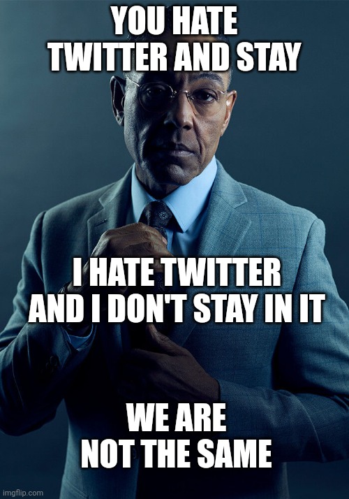 Gus Fring we are not the same | YOU HATE TWITTER AND STAY I HATE TWITTER AND I DON'T STAY IN IT WE ARE NOT THE SAME | image tagged in gus fring we are not the same | made w/ Imgflip meme maker
