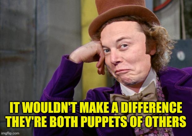 Sarcastic Elon Musk | IT WOULDN'T MAKE A DIFFERENCE THEY'RE BOTH PUPPETS OF OTHERS | image tagged in sarcastic elon musk | made w/ Imgflip meme maker