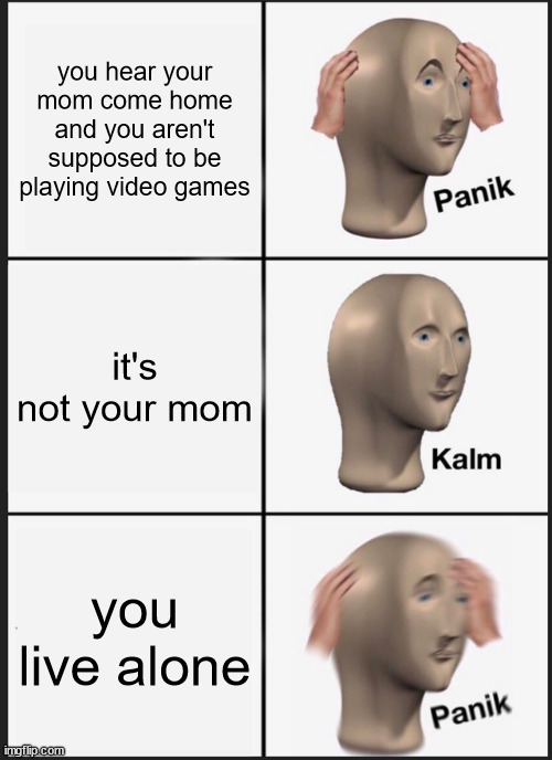 Panik Kalm Panik |  you hear your mom come home and you aren't supposed to be playing video games; it's not your mom; you live alone | image tagged in memes,panik kalm panik | made w/ Imgflip meme maker