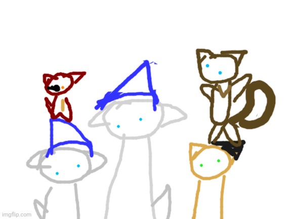 my family photo, not really canon but anyways. Order from left to right: Mini R-M with Faxi in his head, Robo-Miau / Me, S'More  | image tagged in blank white template,family photo,robo-miau,botato | made w/ Imgflip meme maker
