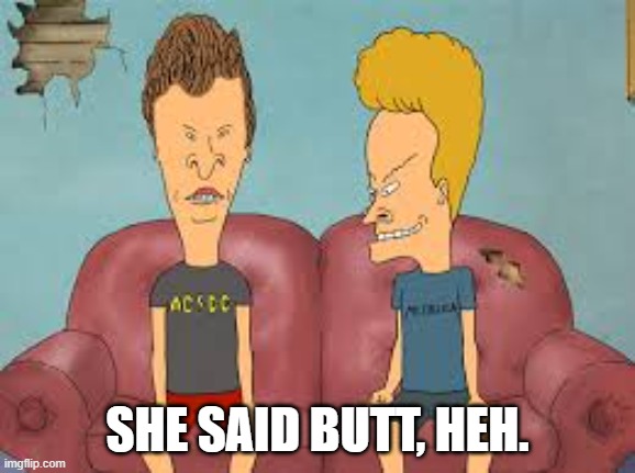 Bevis n Butthead | SHE SAID BUTT, HEH. | image tagged in bevis n butthead | made w/ Imgflip meme maker