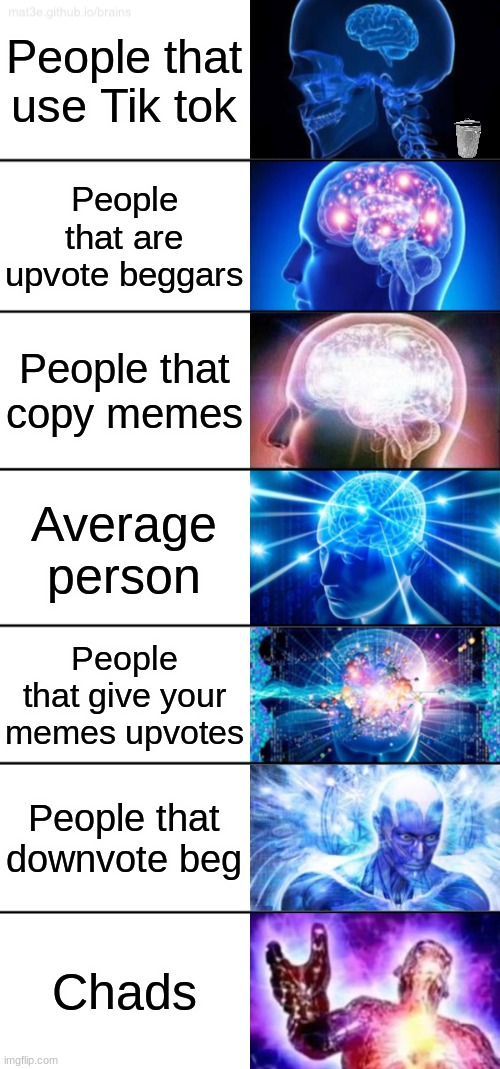 Day 3 with no title | People that use Tik tok; People that are upvote beggars; People that copy memes; Average person; People that give your memes upvotes; People that downvote beg; Chads | image tagged in 7-tier expanding brain | made w/ Imgflip meme maker