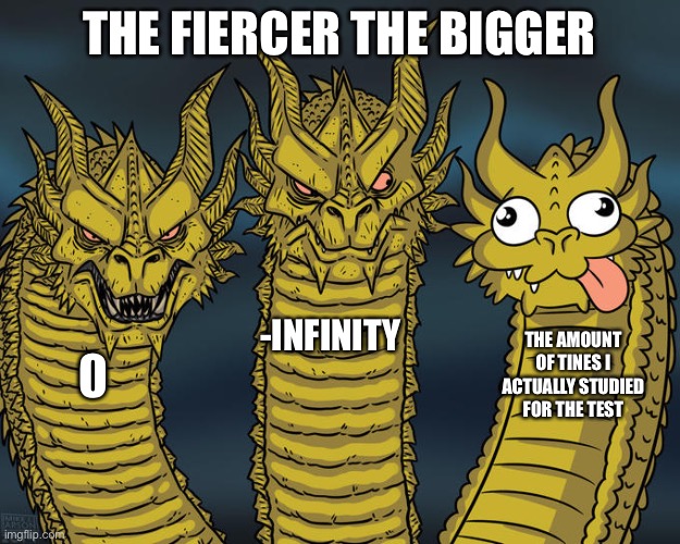 Haha | THE FIERCER THE BIGGER; -INFINITY; THE AMOUNT OF TINES I ACTUALLY STUDIED FOR THE TEST | image tagged in three-headed dragon | made w/ Imgflip meme maker
