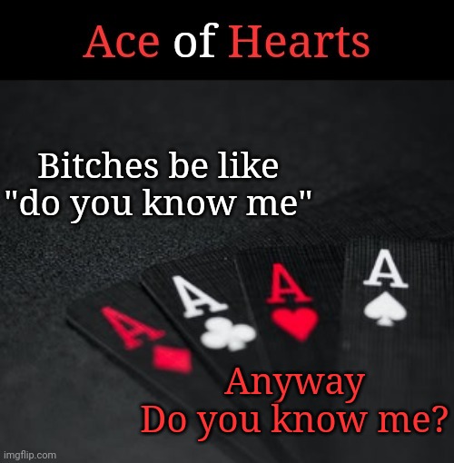 Ace Of Hearts | Bitches be like "do you know me"; Anyway
Do you know me? | image tagged in ace of hearts | made w/ Imgflip meme maker
