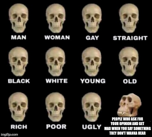 idiot skull | PEOPLE WHO ASK FOR YOUR OPINION AND GET MAD WHEN YOU SAY SOMETHING THEY DON'T WANNA HEAR | image tagged in idiot skull | made w/ Imgflip meme maker