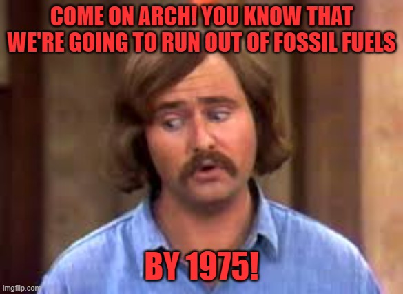 Meathead | COME ON ARCH! YOU KNOW THAT WE'RE GOING TO RUN OUT OF FOSSIL FUELS BY 1975! | image tagged in meathead | made w/ Imgflip meme maker