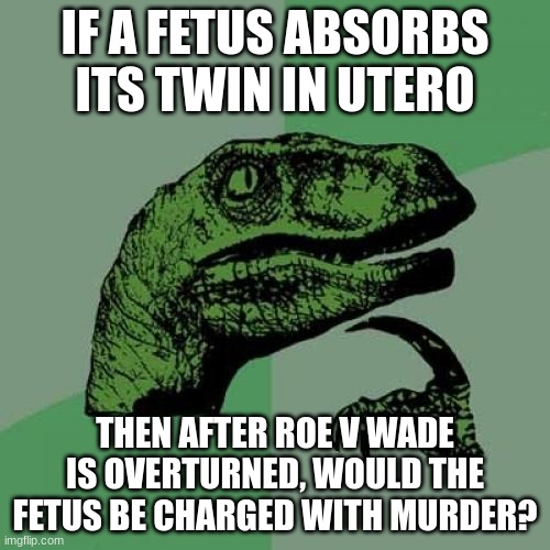 One of my friends (allegedly) absorbed his twin in utero, so I'm genuinely curious about this. (Please try to remain civil) | IF A FETUS ABSORBS ITS TWIN IN UTERO; THEN AFTER ROE V WADE IS OVERTURNED, WOULD THE FETUS BE CHARGED WITH MURDER? | image tagged in memes,philosoraptor | made w/ Imgflip meme maker