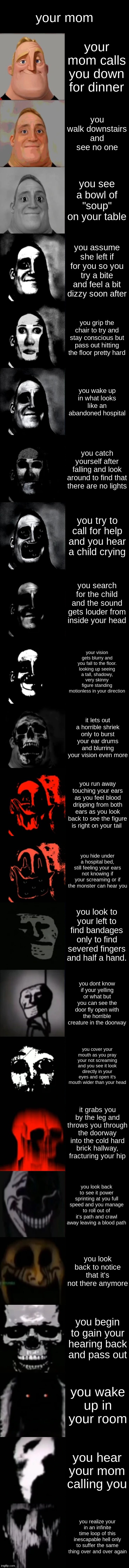 lmao idk | your mom; your mom calls you down for dinner; you walk downstairs and see no one; you see a bowl of "soup" on your table; you assume she left if for you so you try a bite and feel a bit dizzy soon after; you grip the chair to try and stay conscious but pass out hitting the floor pretty hard; you wake up in what looks like an abandoned hospital; you catch yourself after falling and look around to find that there are no lights; you try to call for help and you hear a child crying; you search for the child and the sound gets louder from inside your head; your vision gets blurry and you fall to the floor. looking up seeing a tall, shadowy, very skinny figure standing motionless in your direction; it lets out a horrible shriek only to burst your ear drums and blurring your vision even more; you run away touching your ears as you feel blood dripping from both ears as you look back to see the figure is right on your tail; you hide under a hospital bed, still feeling your ears not knowing if your screaming or if the monster can hear you; you look to your left to find bandages only to find severed fingers and half a hand. you dont know if your yelling or what but you can see the door fly open with the horrible creature in the doorway; you cover your mouth as you pray your not screaming and you see it look directly in your eyes and open it's mouth wider than your head; it grabs you by the leg and throws you through the doorway into the cold hard brick hallway, fracturing your hip; you look back to see it power sprinting at you full speed and you manage to roll out of it's path and crawl away leaving a blood path; you look back to notice that it's not there anymore; you begin to gain your hearing back and pass out; you wake up in your room; you hear your mom calling you; you realize your in an infinite time loop of this inescapable hell only to suffer the same thing over and over again | image tagged in mr incredible becoming uncanny extended hd | made w/ Imgflip meme maker