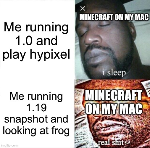 WORK YOU MACBOOK | Me running 1.0 and play hypixel; MINECRAFT ON MY MAC; Me running 1.19 snapshot and looking at frog; MINECRAFT ON MY MAC | image tagged in memes,sleeping shaq | made w/ Imgflip meme maker