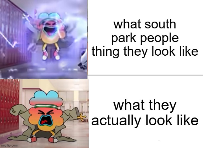 south park in a nutshell | what south park people thing they look like; what they actually look like | image tagged in memes | made w/ Imgflip meme maker