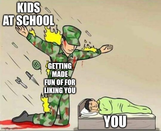 Stupid Kids | KIDS AT SCHOOL; GETTING MADE FUN OF FOR LIKING YOU; YOU | image tagged in soldier protecting sleeping child | made w/ Imgflip meme maker