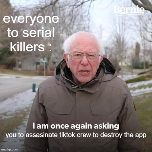 Bernie I Am Once Again Asking For Your Support |  everyone to serial killers :; you to assasinate tiktok crew to destroy the app | image tagged in memes,bernie i am once again asking for your support | made w/ Imgflip meme maker