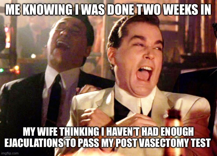 Vasectomy |  ME KNOWING I WAS DONE TWO WEEKS IN; MY WIFE THINKING I HAVEN’T HAD ENOUGH EJACULATIONS TO PASS MY POST VASECTOMY TEST | image tagged in two laughing men | made w/ Imgflip meme maker