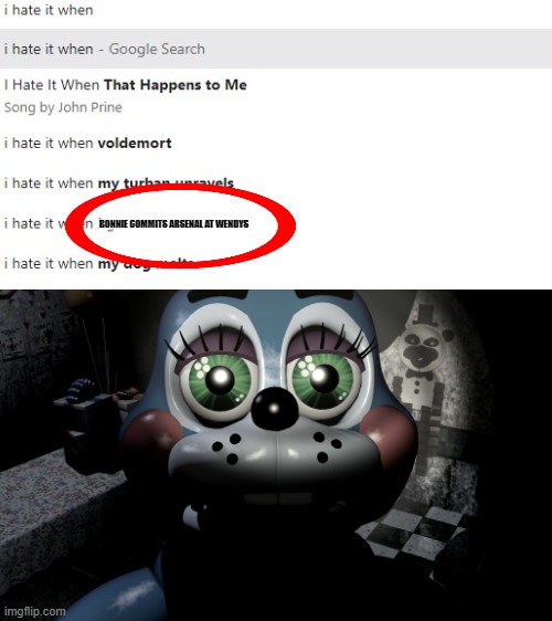hmm? |  BONNIE COMMITS ARSENAL AT WENDYS | image tagged in toy bonnie looking at camera,fnaf,fyp,stop reading these tags | made w/ Imgflip meme maker