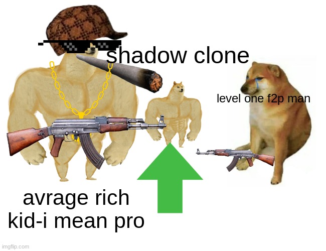 free to play be like | shadow clone; level one f2p man; avrage rich kid-i mean pro | image tagged in memes,buff doge vs cheems | made w/ Imgflip meme maker