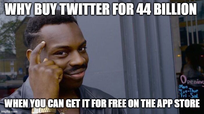 Roll Safe Think About It | WHY BUY TWITTER FOR 44 BILLION; WHEN YOU CAN GET IT FOR FREE ON THE APP STORE | image tagged in memes,roll safe think about it | made w/ Imgflip meme maker