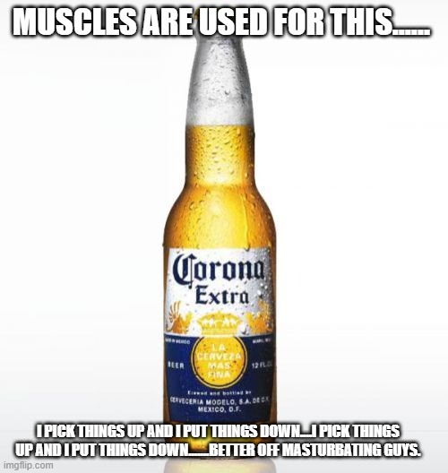 Corona Meme | MUSCLES ARE USED FOR THIS...... I PICK THINGS UP AND I PUT THINGS DOWN....I PICK THINGS UP AND I PUT THINGS DOWN.......BETTER OFF MASTURBATI | image tagged in memes,corona | made w/ Imgflip meme maker