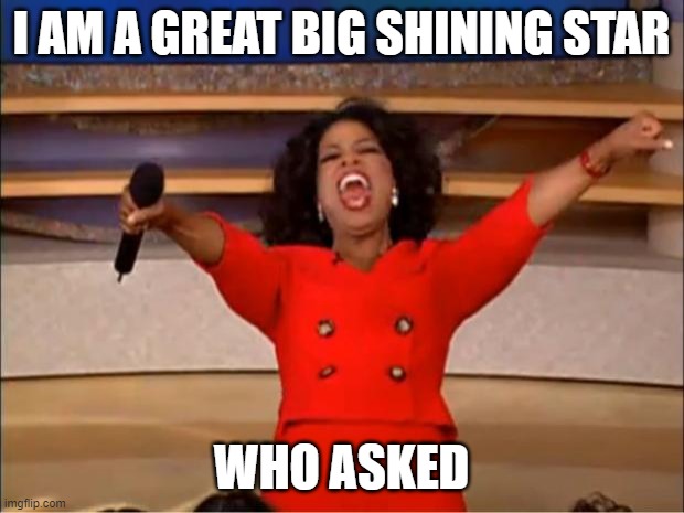 who asked | I AM A GREAT BIG SHINING STAR; WHO ASKED | image tagged in memes,oprah you get a,who asked,nobody cares,nobody absolutely no one | made w/ Imgflip meme maker