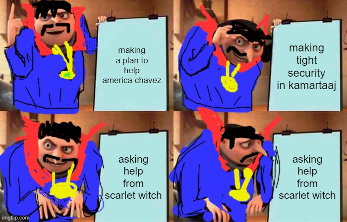 Gru's Plan | making a plan to help america chavez; making tight security in kamartaaj; asking help from scarlet witch; asking help from scarlet witch | image tagged in memes,gru's plan | made w/ Imgflip meme maker