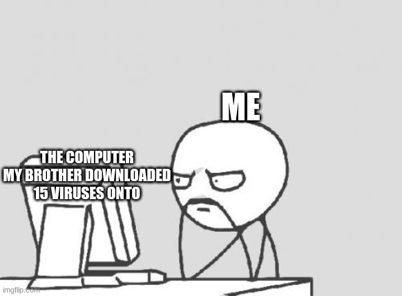 Computer Guy | ME; THE COMPUTER MY BROTHER DOWNLOADED 15 VIRUSES ONTO | image tagged in memes,computer guy | made w/ Imgflip meme maker