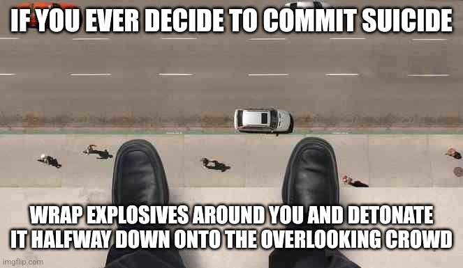 Jumper | IF YOU EVER DECIDE TO COMMIT SUICIDE; WRAP EXPLOSIVES AROUND YOU AND DETONATE IT HALFWAY DOWN ONTO THE OVERLOOKING CROWD | image tagged in jumper | made w/ Imgflip meme maker