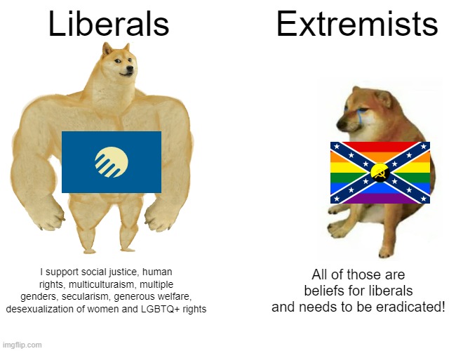 Extremists are successfully trolled! | Liberals; Extremists; I support social justice, human rights, multiculturaism, multiple genders, secularism, generous welfare, desexualization of women and LGBTQ+ rights; All of those are beliefs for liberals and needs to be eradicated! | image tagged in memes,buff doge vs cheems,liberals,trolled,satire,debate | made w/ Imgflip meme maker