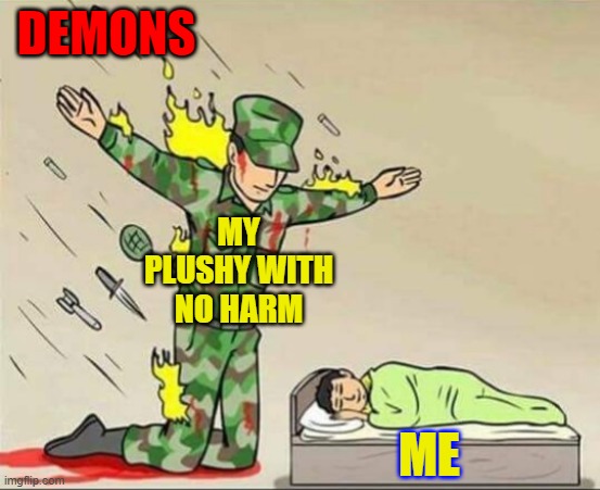 plush vs demons | DEMONS; MY PLUSHY WITH NO HARM; ME | image tagged in soldier protecting sleeping child | made w/ Imgflip meme maker